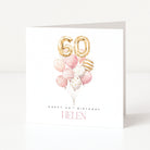 Personalised 60th birthday card with pink balloon arrangement, gold number balloons and the name Helen.