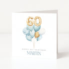 Personalised 60th birthday card with blue balloon cluster, gold number balloons and the name Martin.