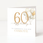 Personalised 60th birthday card for a step mum with oversized number design, balloon artwork and custom name.