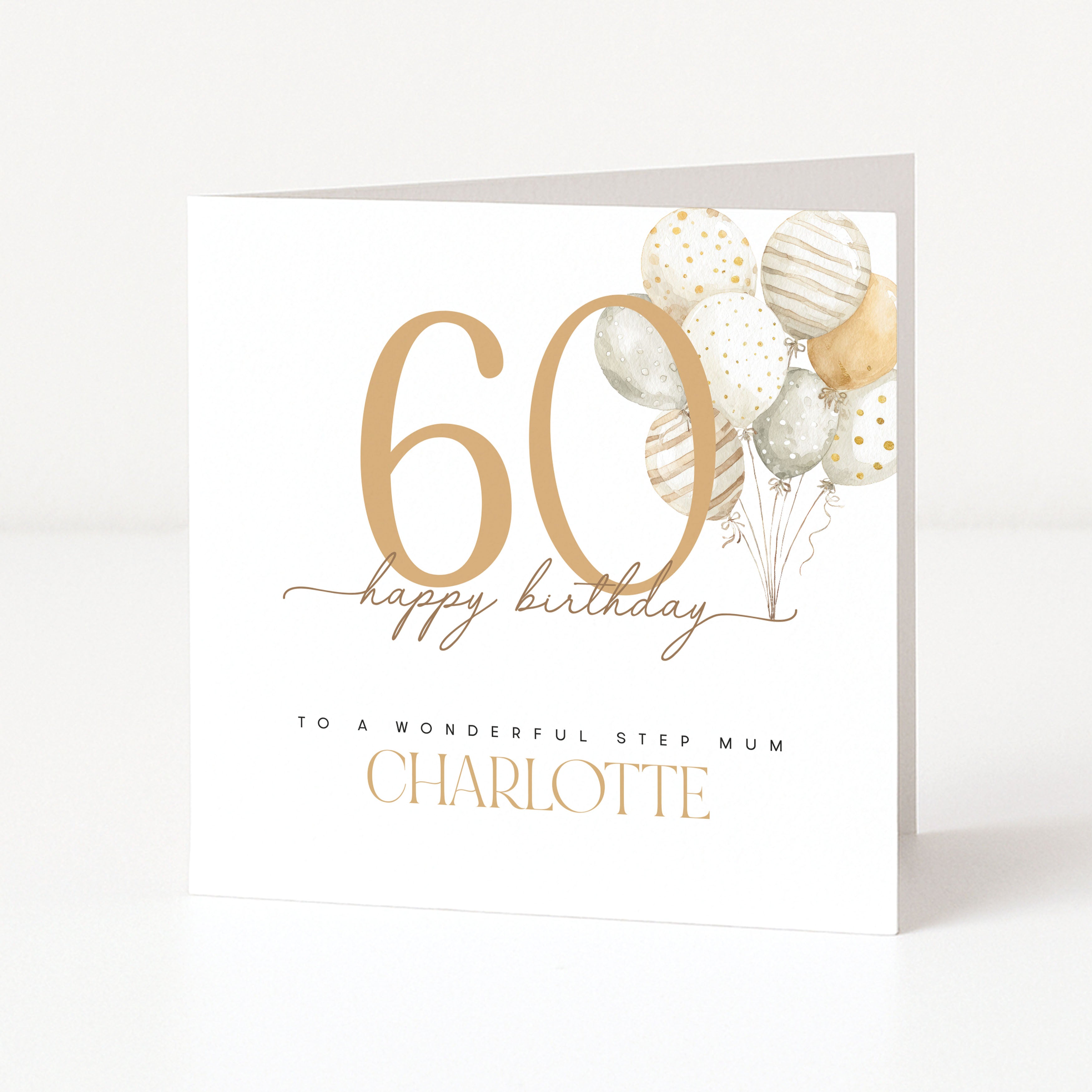 Personalised 60th birthday card for a step mum with oversized number design, balloon artwork and custom name.