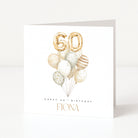 Personalised 60th birthday card featuring a balloon bouquet topped with gold number balloons and a custom name.