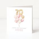 Personalised 70th birthday card for Esther with pink watercolour balloons and gold 70 number balloons.