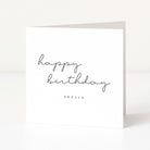 White birthday card with 'happy birthday' and 'AMELIA' text on a white background