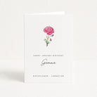 Greeting card with a pink carnation illustration and text for January birthday on a white background