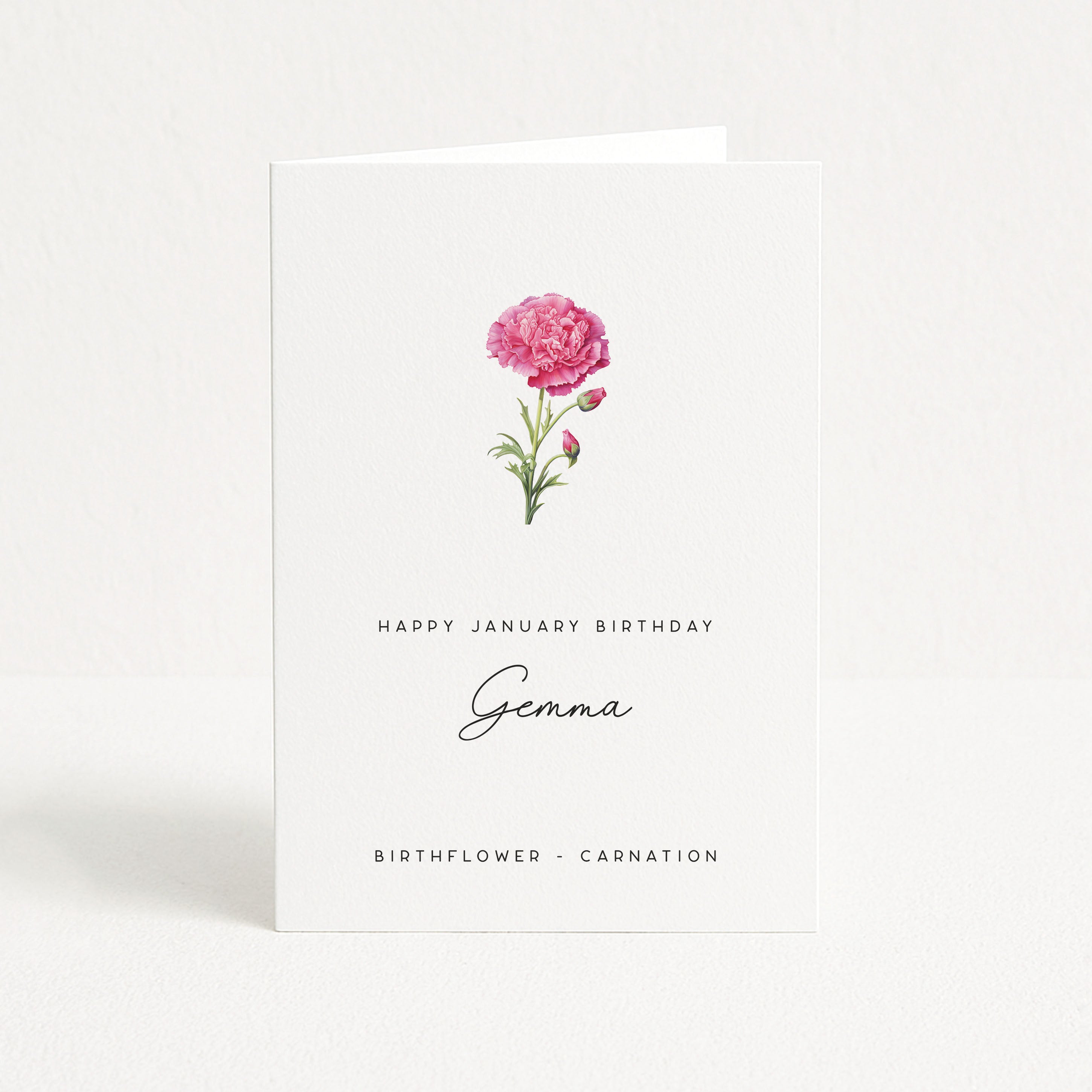 Greeting card with a pink carnation illustration and text for January birthday on a white background