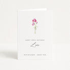 Greeting card with a pink flower illustration and text on a white background
