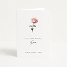 Greeting card with a pink rose and text on a white background
