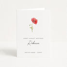 Greeting card with a red poppy illustration and text on a white background