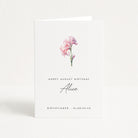 Greeting card with a pink flower illustration and text on a white background