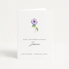 Greeting card with a purple flower illustration and text about Jessica's September birthday and birthflower.