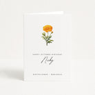 Greeting card with marigold flower illustration and personalized text on a white background