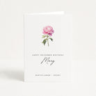 Greeting card with a pink peony and text 'Happy November Birthday Mary' on a white background
