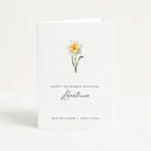 Greeting card with a narcissus illustration and personalized text on a white background