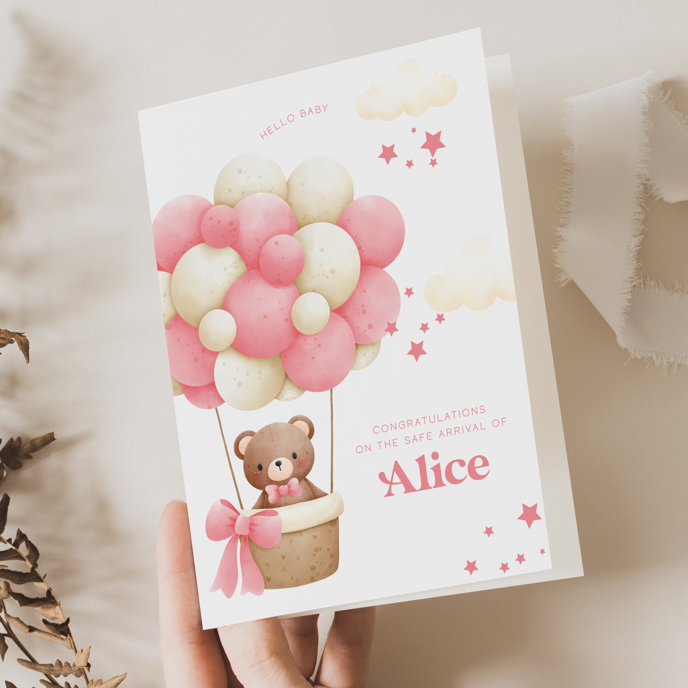 personalised pink and white new baby girl card