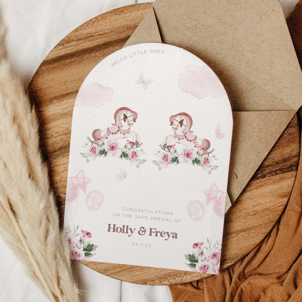 Arched Cute Floral Personalised New Baby Twins Card