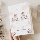 personalised new baby twin girls card with names and date on front