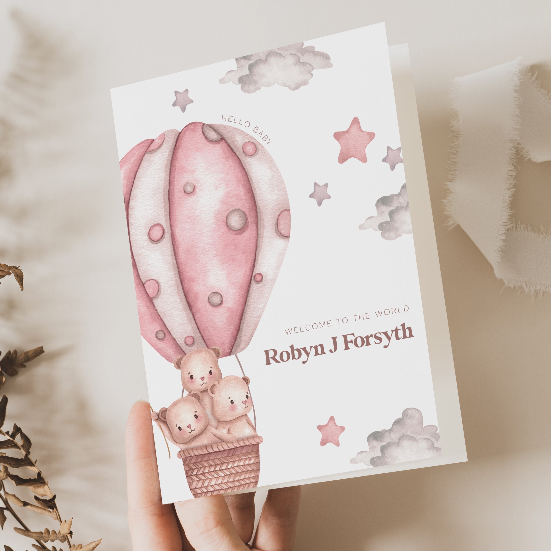 pink personalised new baby girl card