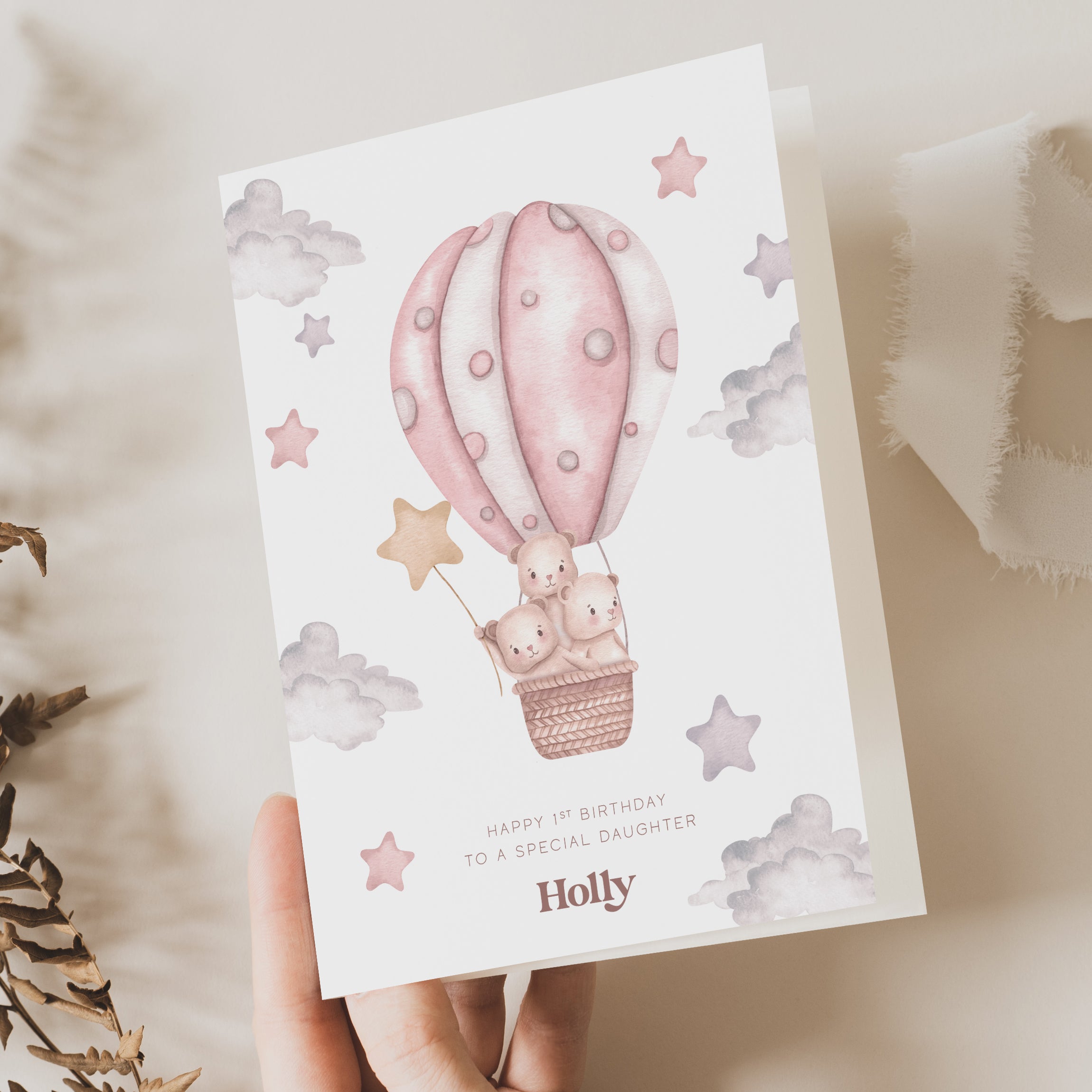 first birthday card for daughter with teddy bears in a hot air balloon