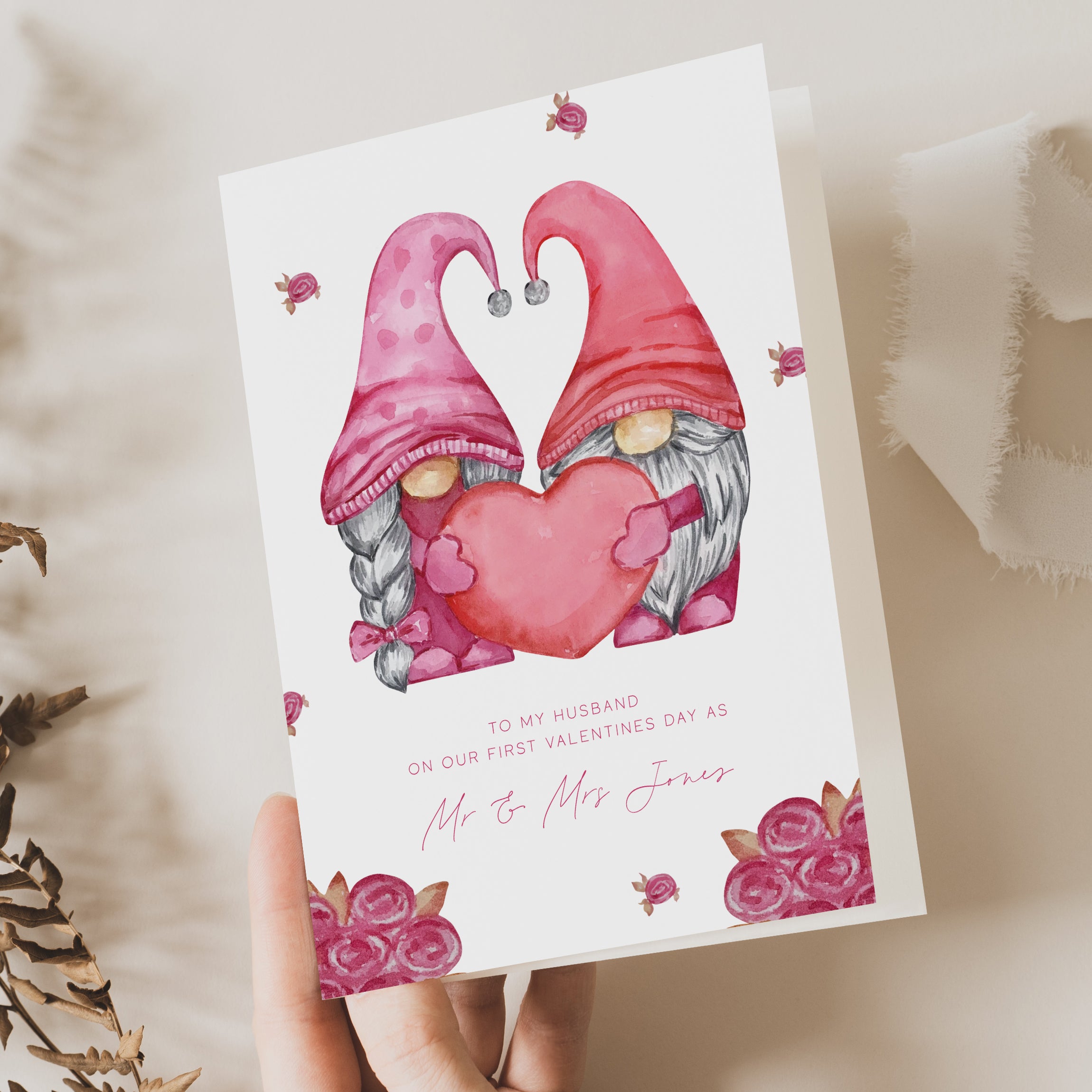 pink gonk gnomes valentines day card for husband on first valentines day married