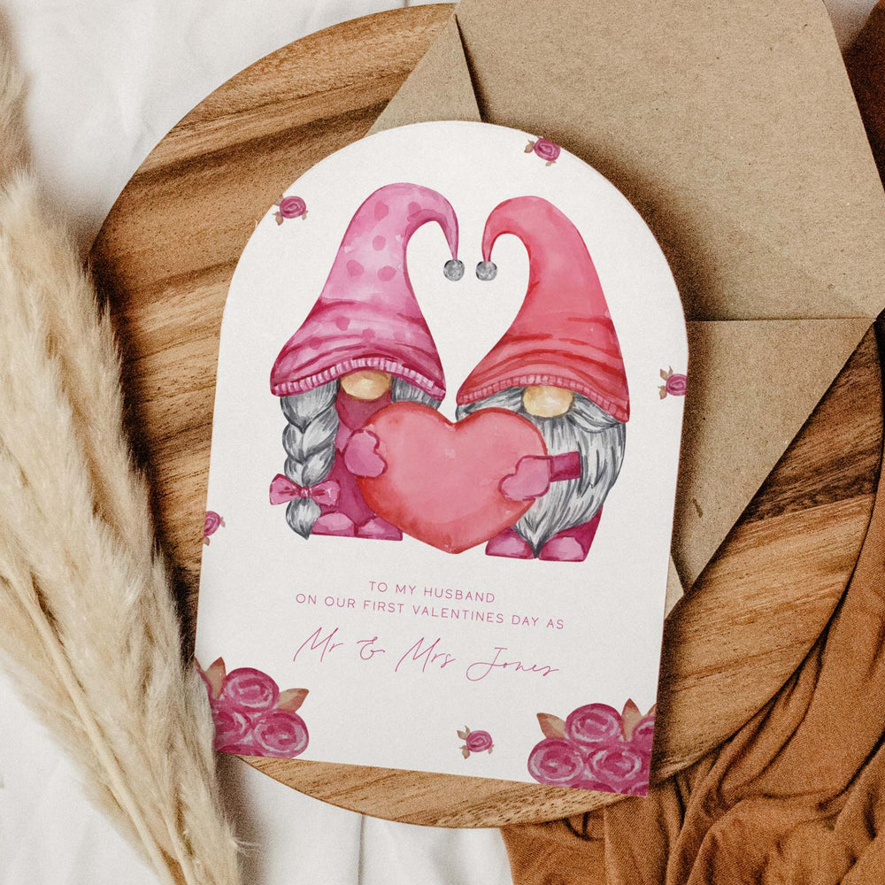 Cute Gnomes First Valentines Arched Card for Husband