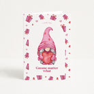 Greeting card with a gnome holding a heart and text on a white background