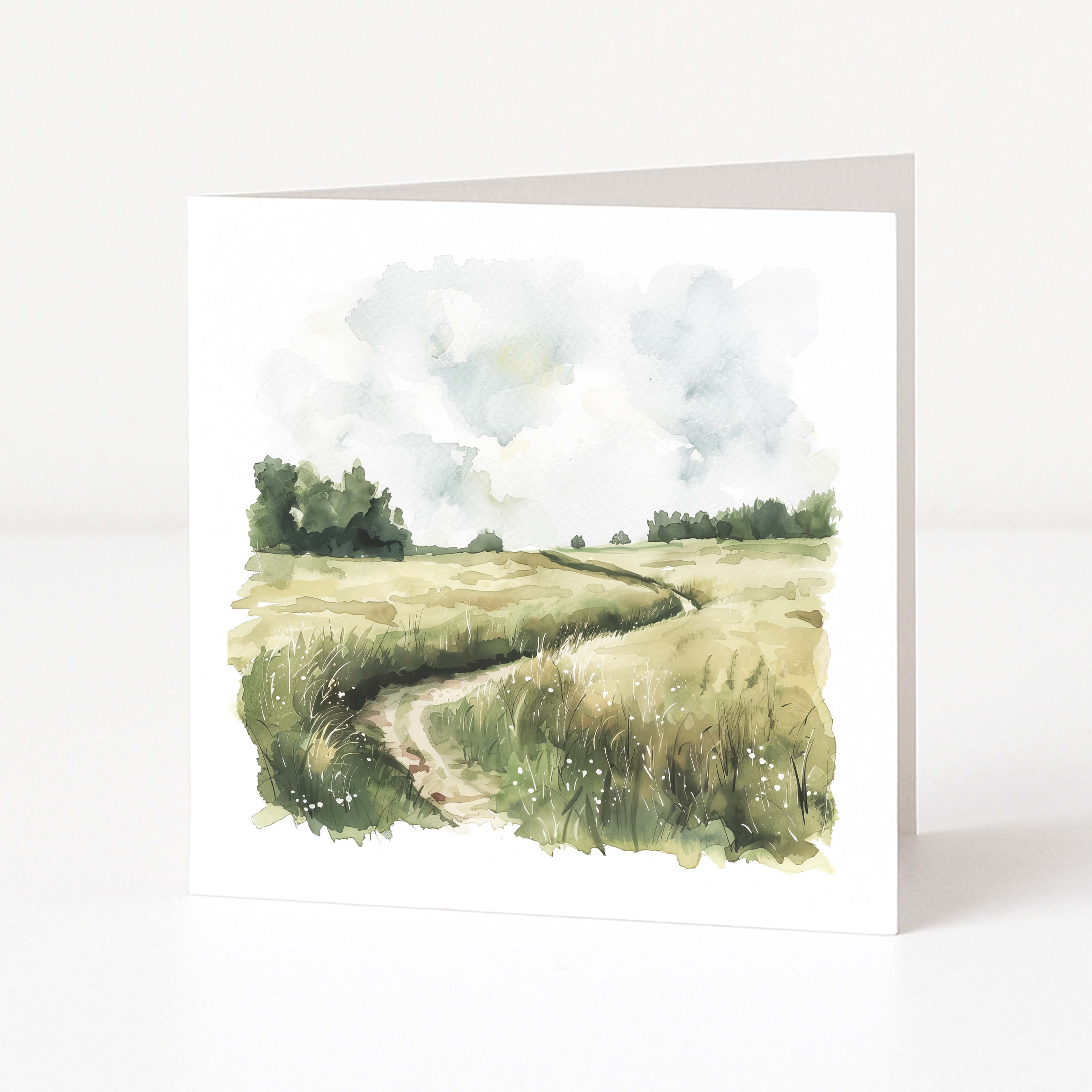 Greeting card with a watercolor design of a field and path on a white background