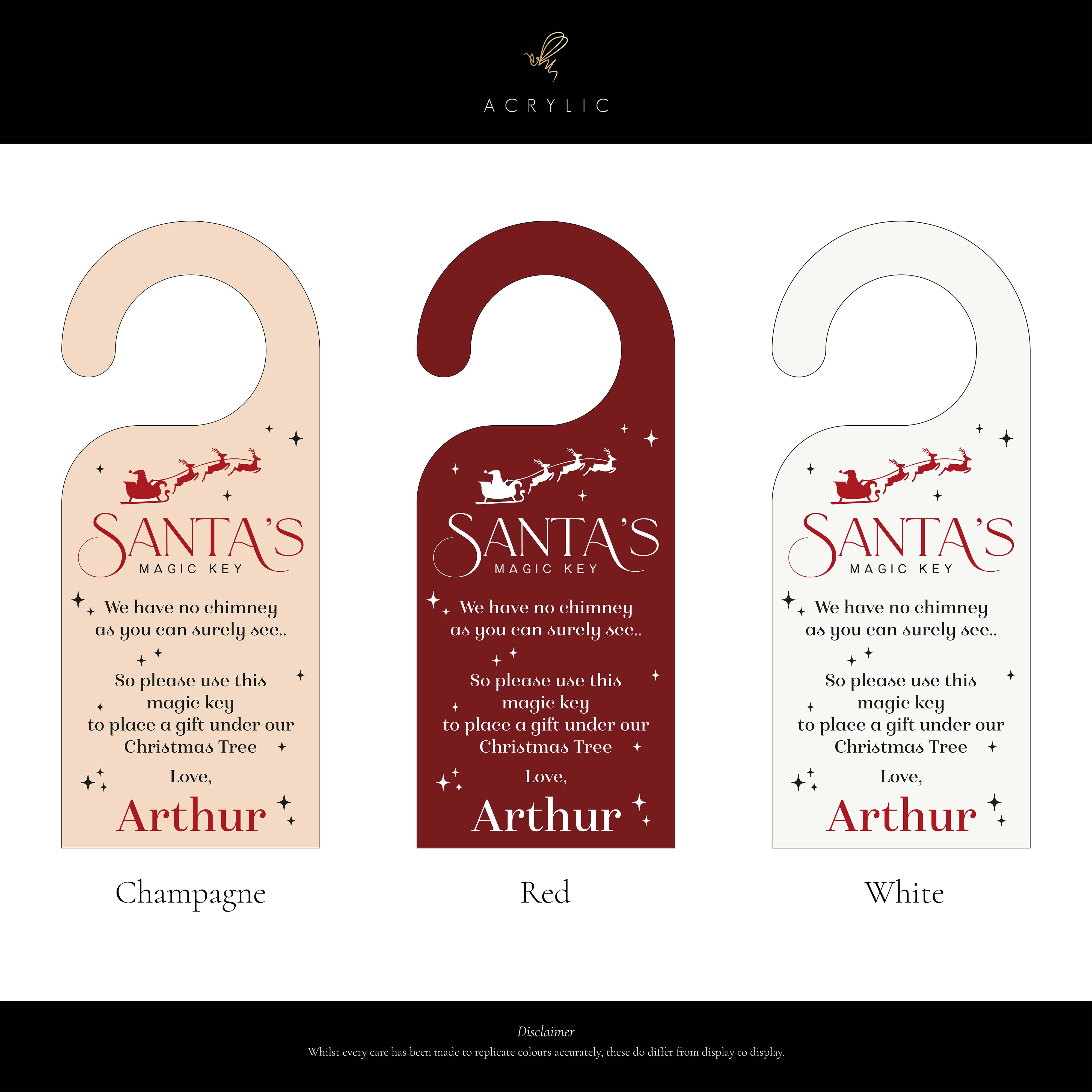 Acrylic colour choices for santa's magic key showing champagne, red and white