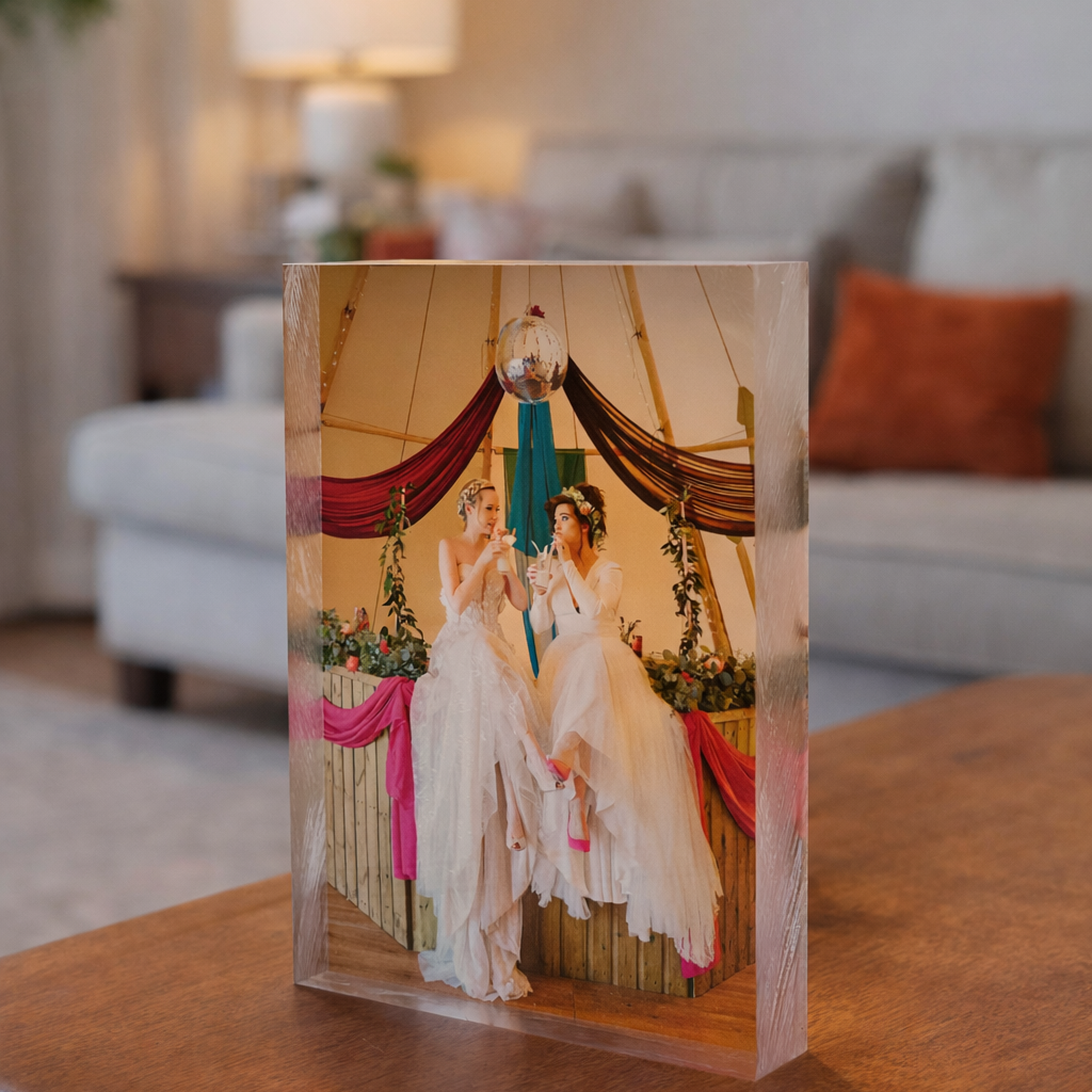 Clear acrylic with wedding photo printed on reverse, on a side table in a living room