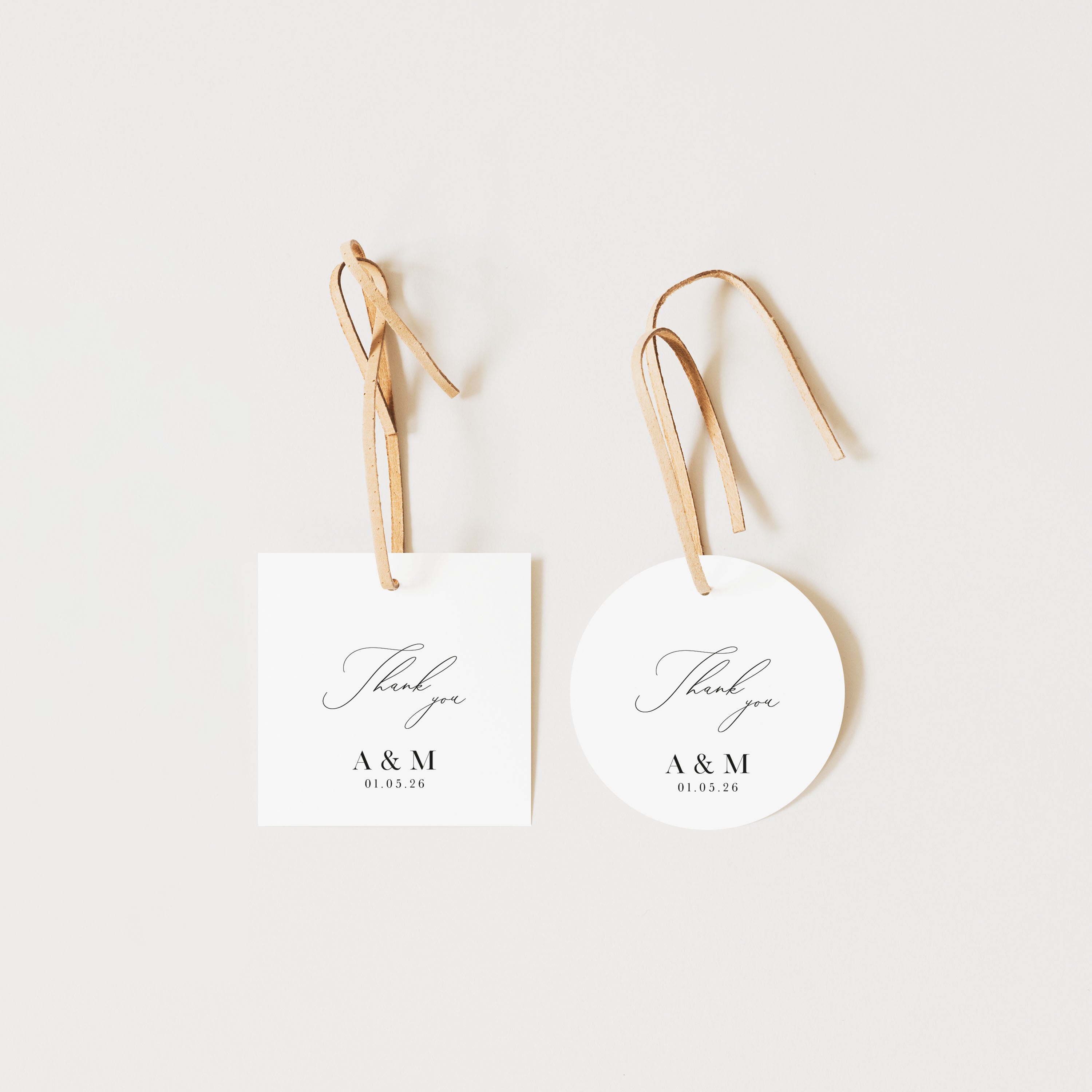 Square and circular personalised favour tag for wedding with string