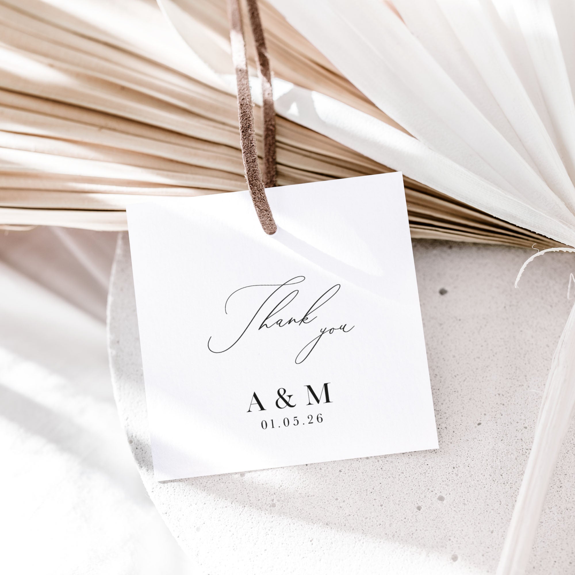 Square personalised favour tag for wedding with string