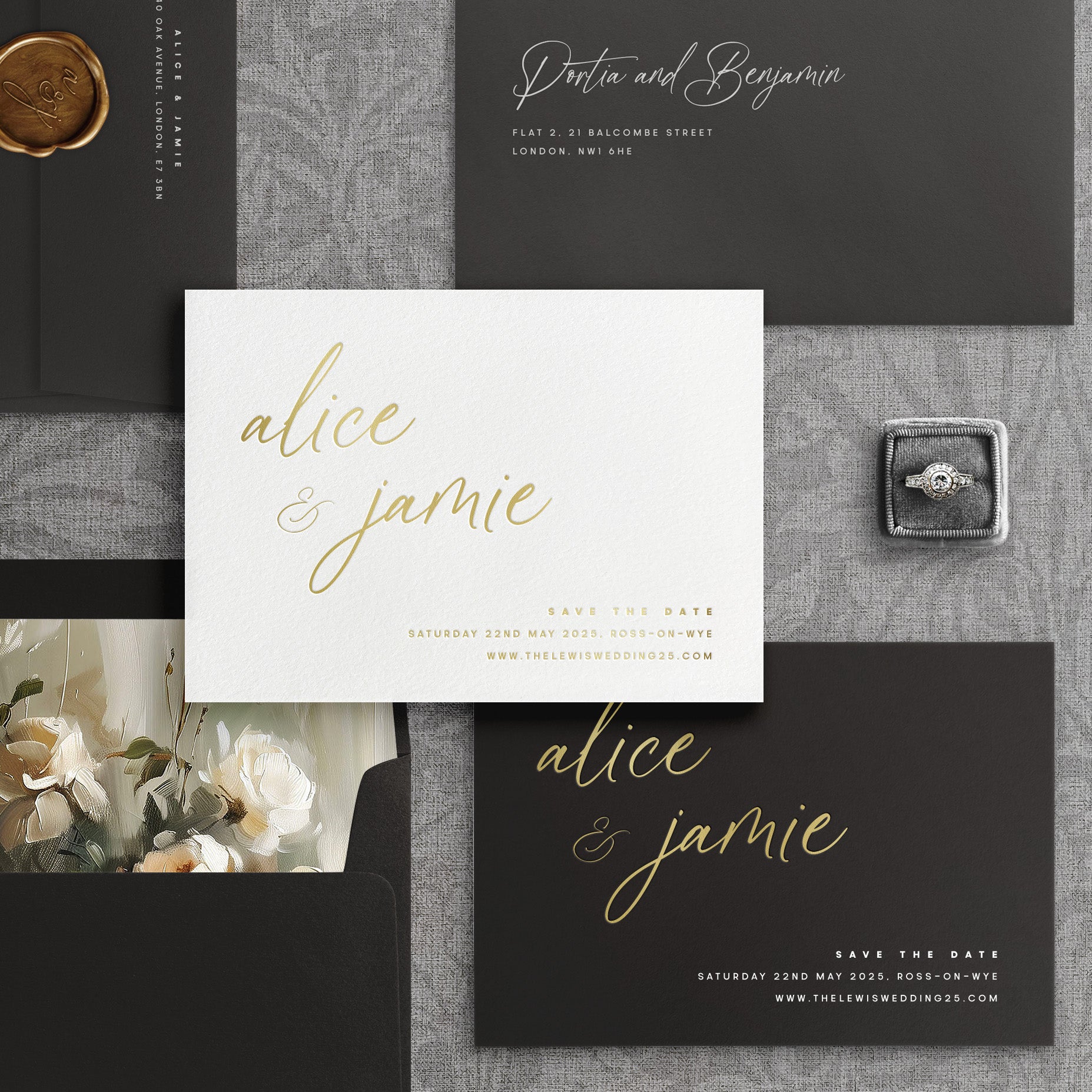 Gold Foil Pressed Luxury Save the Date Cards - Alice Collection, Elle Bee Design