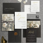 Elegant Gold Foil Pressed Wedding Invitation Suite in Black Colour Scheme - Alice Collection, Elle Bee Design