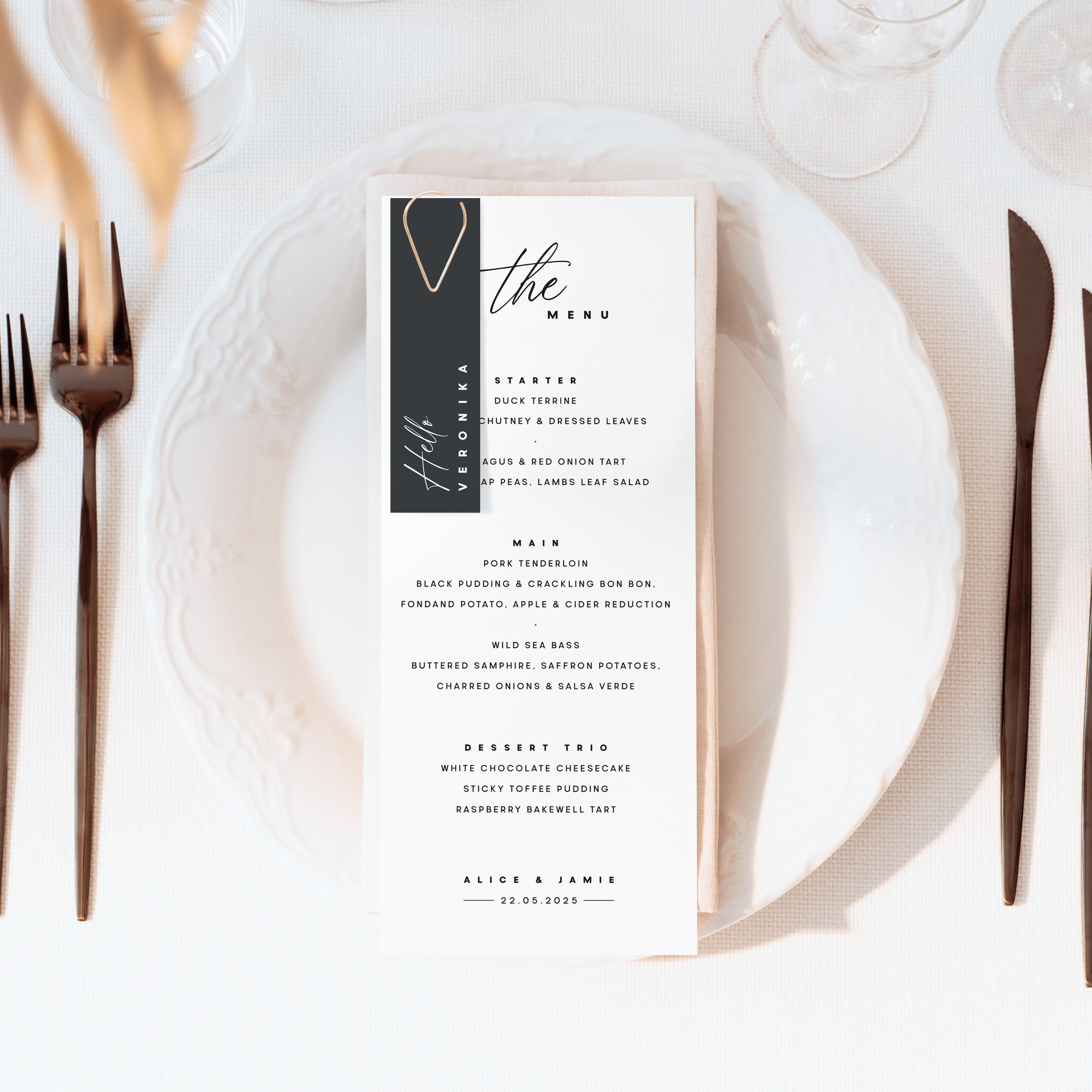 Elegant and Modern Wedding Menu Card with Guest Name Tag in Slate Grey - The Alice Collection, Elle Bee Design