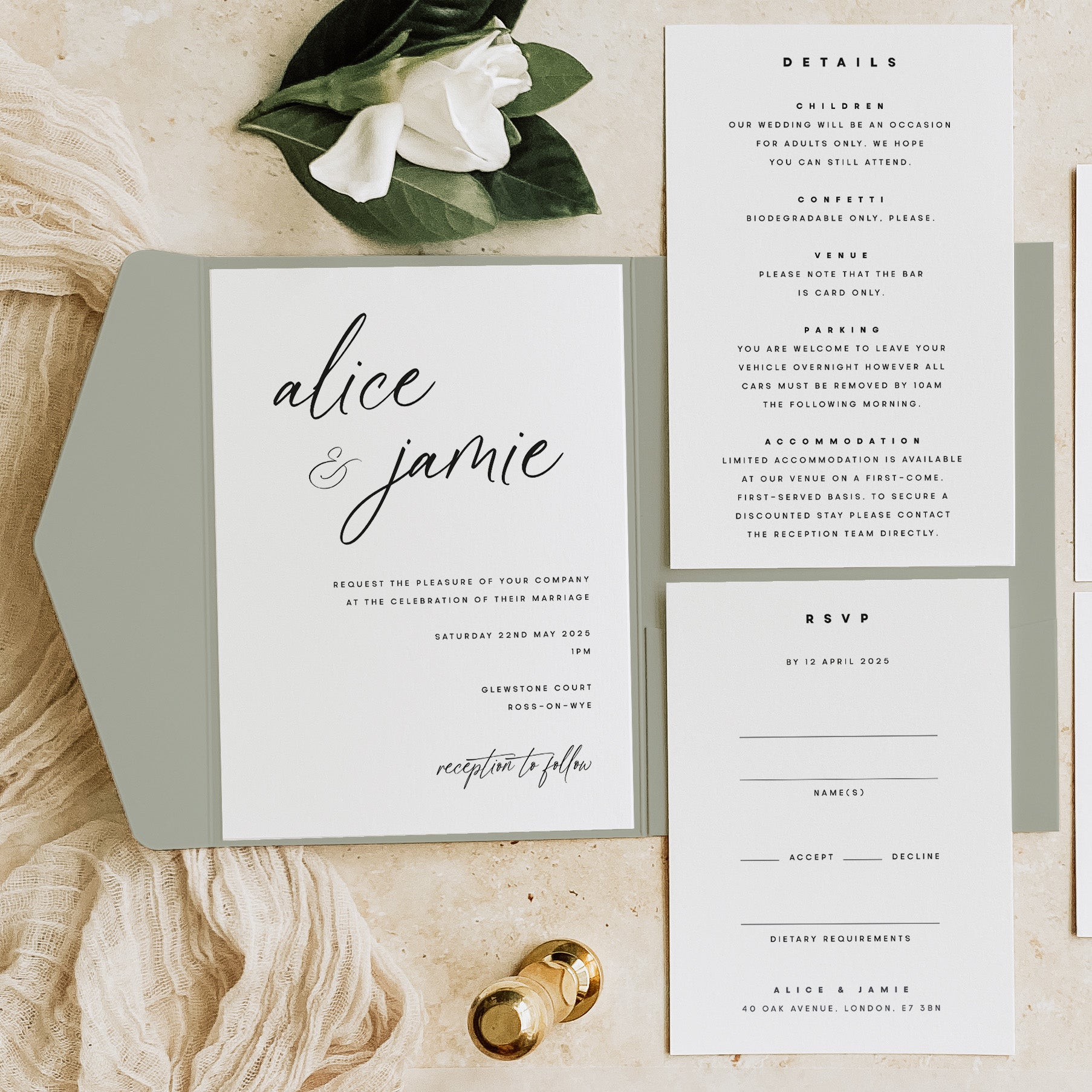 Modern and Elegant Pocketfold Wedding Invitation Package in Litchen Green - Alice Collection