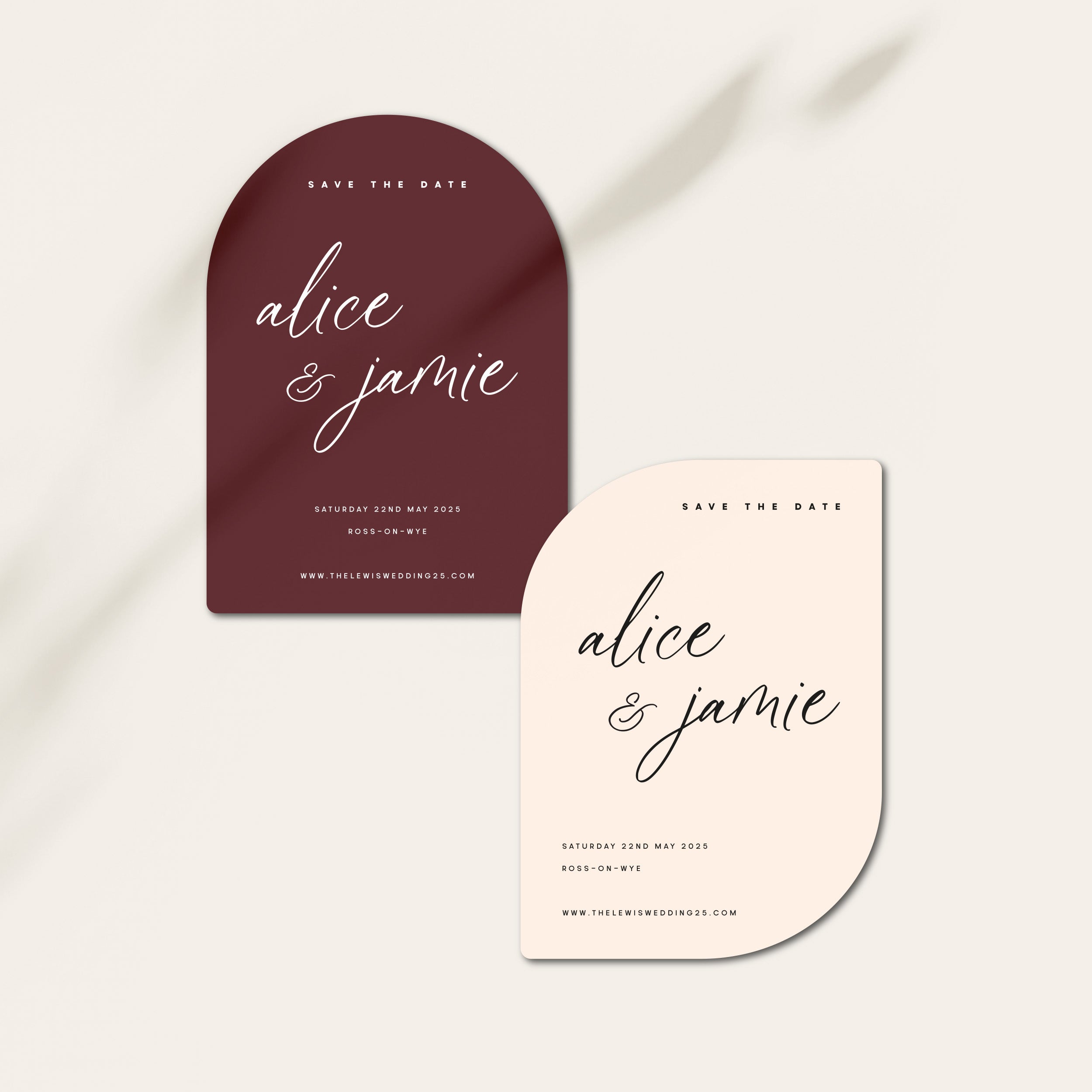 Two arched 'Save the Date' cards for Alice and Jamie on a white background