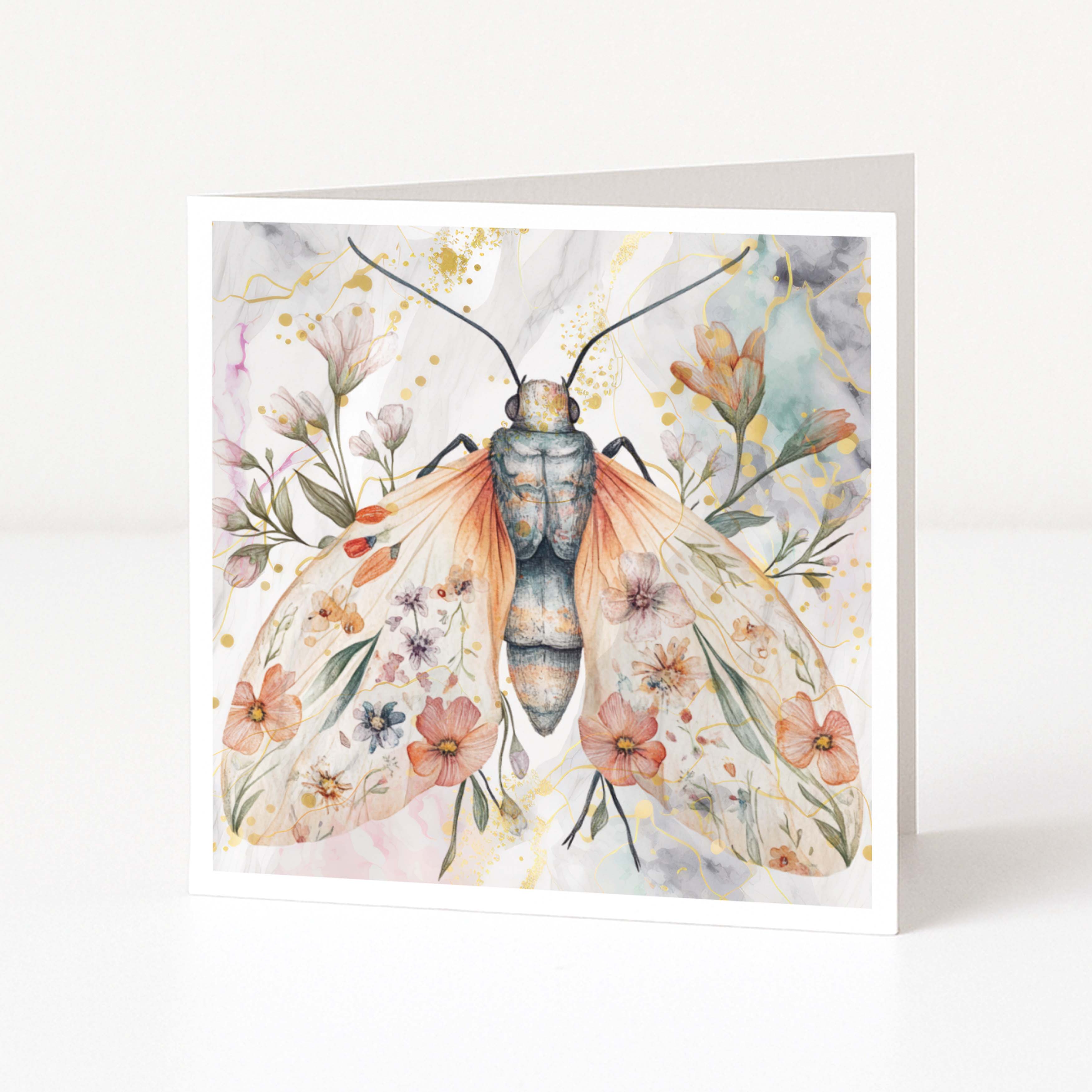 Greeting card with a watercolor illustration of a butterfly with floral wings on a light background