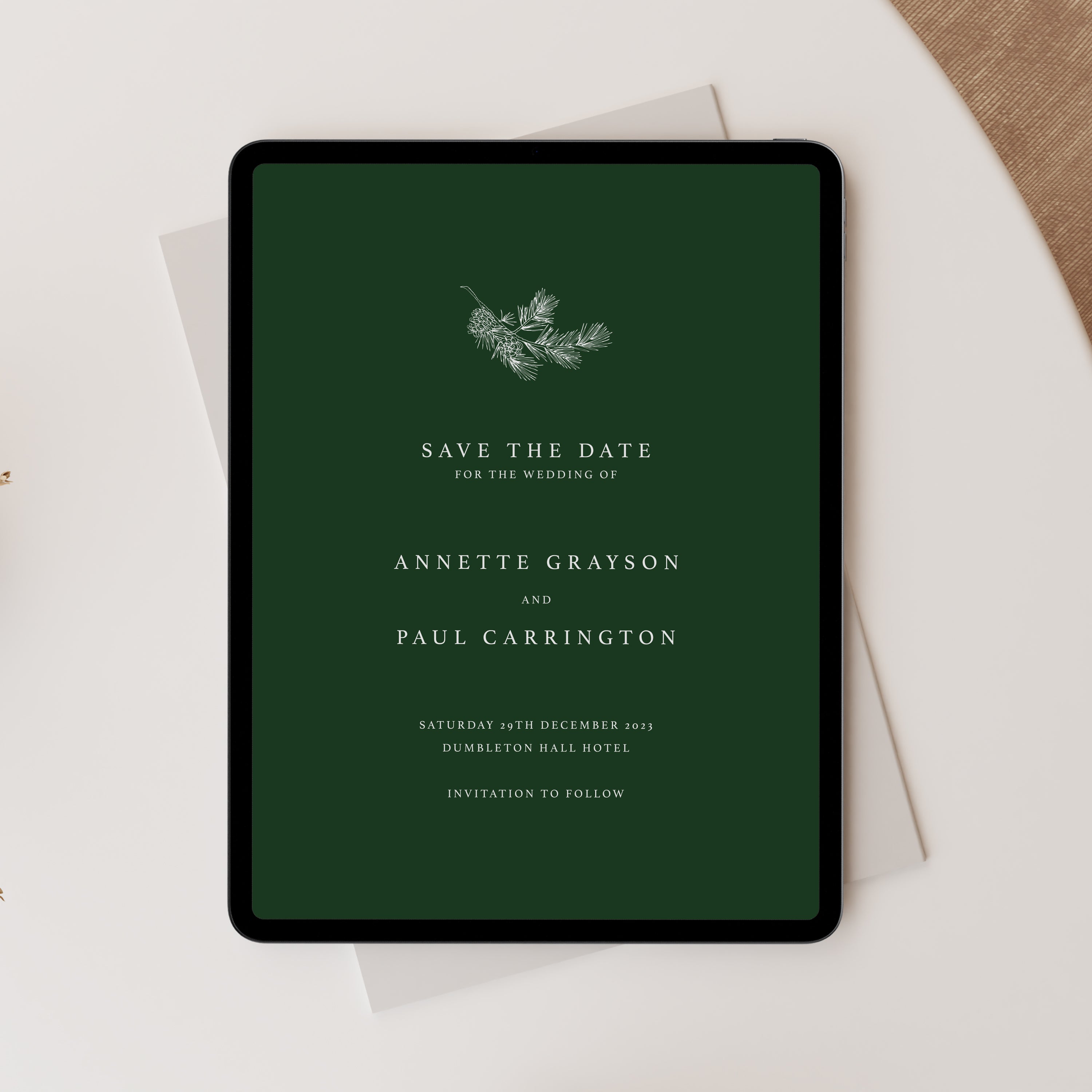 Winter Wedding Paperless Save the Date in Forest Green - Angel Collection