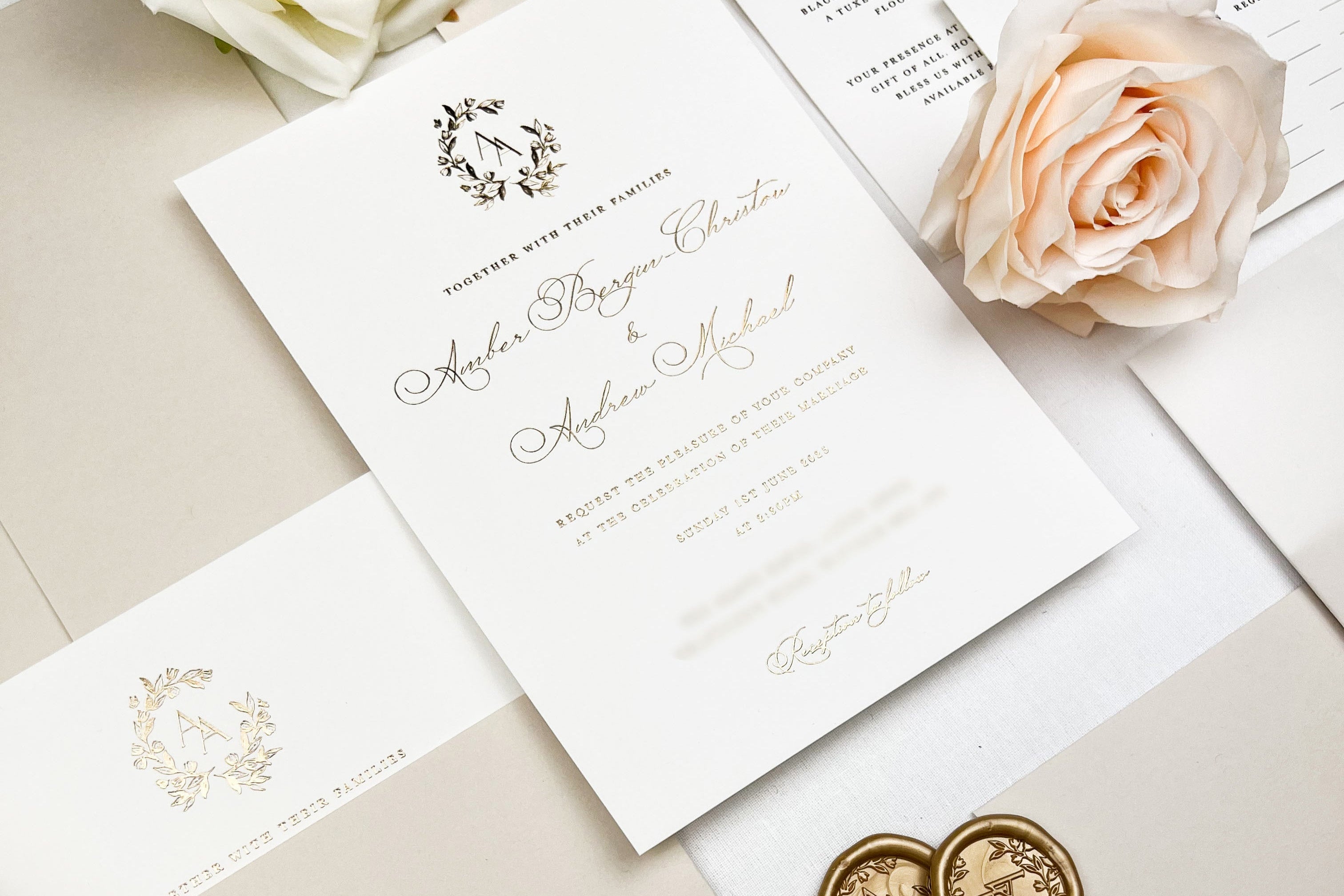 Luxury Foiled Wedding Invitations in Natural Colour Scheme with Personalised Wax Seals