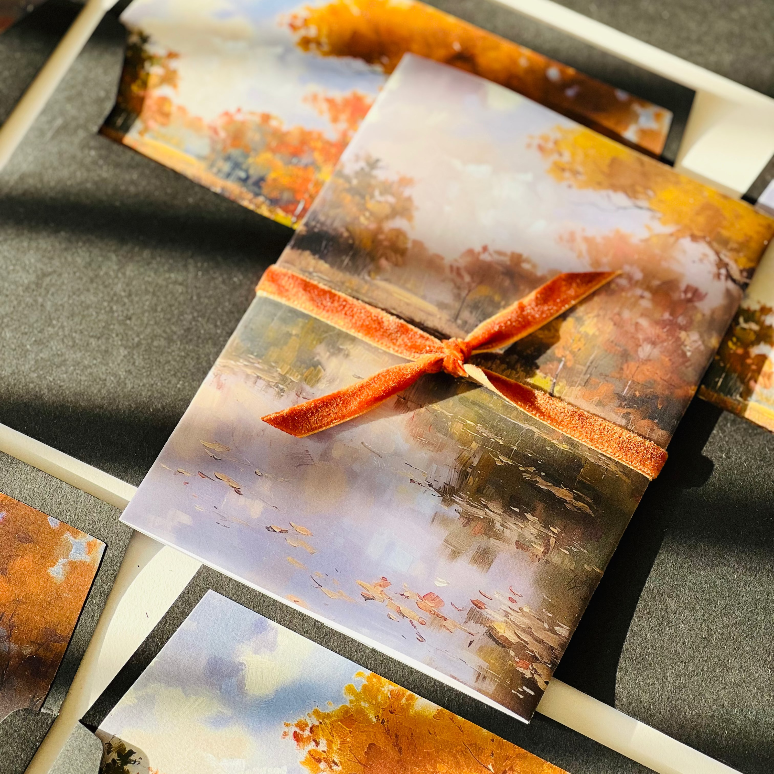 Wedding Invitation Printed Vellum Jacket and Velvet Ribbon with Black Envelopes