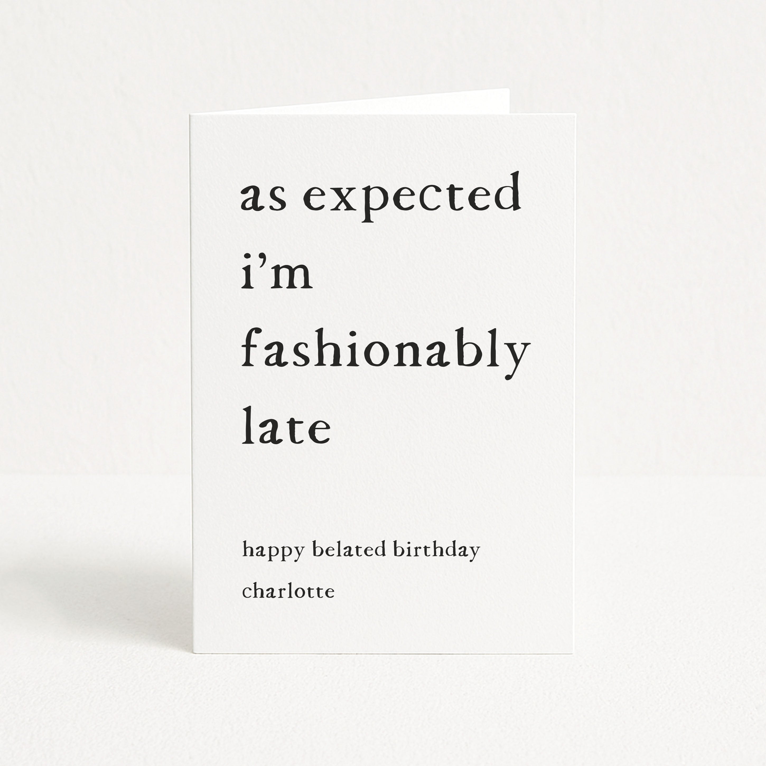 Greeting card with humorous birthday message on a white background