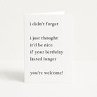 Funny belated birthday card on white card and background
