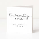 White card with 'twenty one' and 'Happy Birthday Gemma' text on a white background