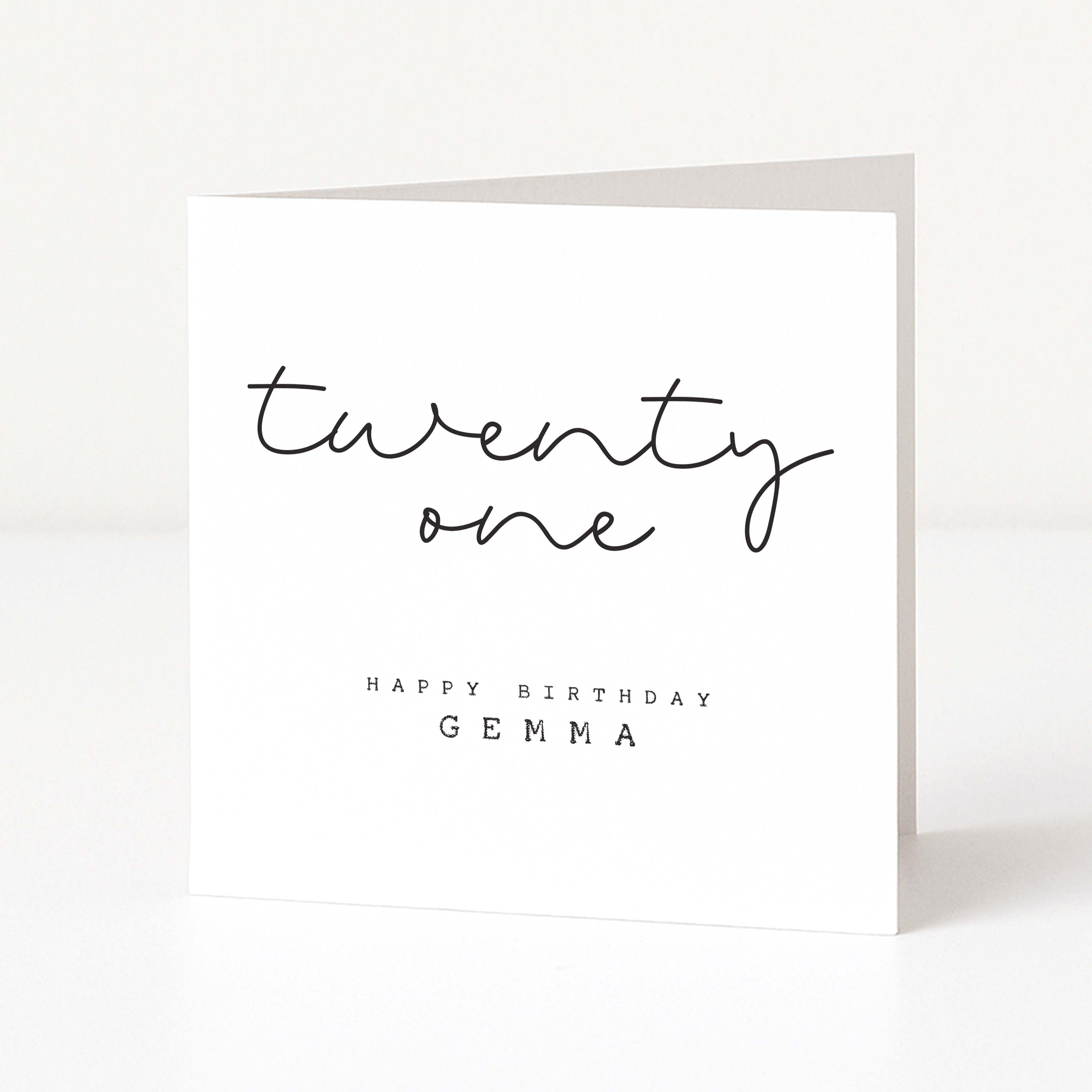 White card with 'twenty one' and 'Happy Birthday Gemma' text on a white background
