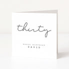 White birthday card with 'thirty' and 'Happy Birthday David' text on a white background