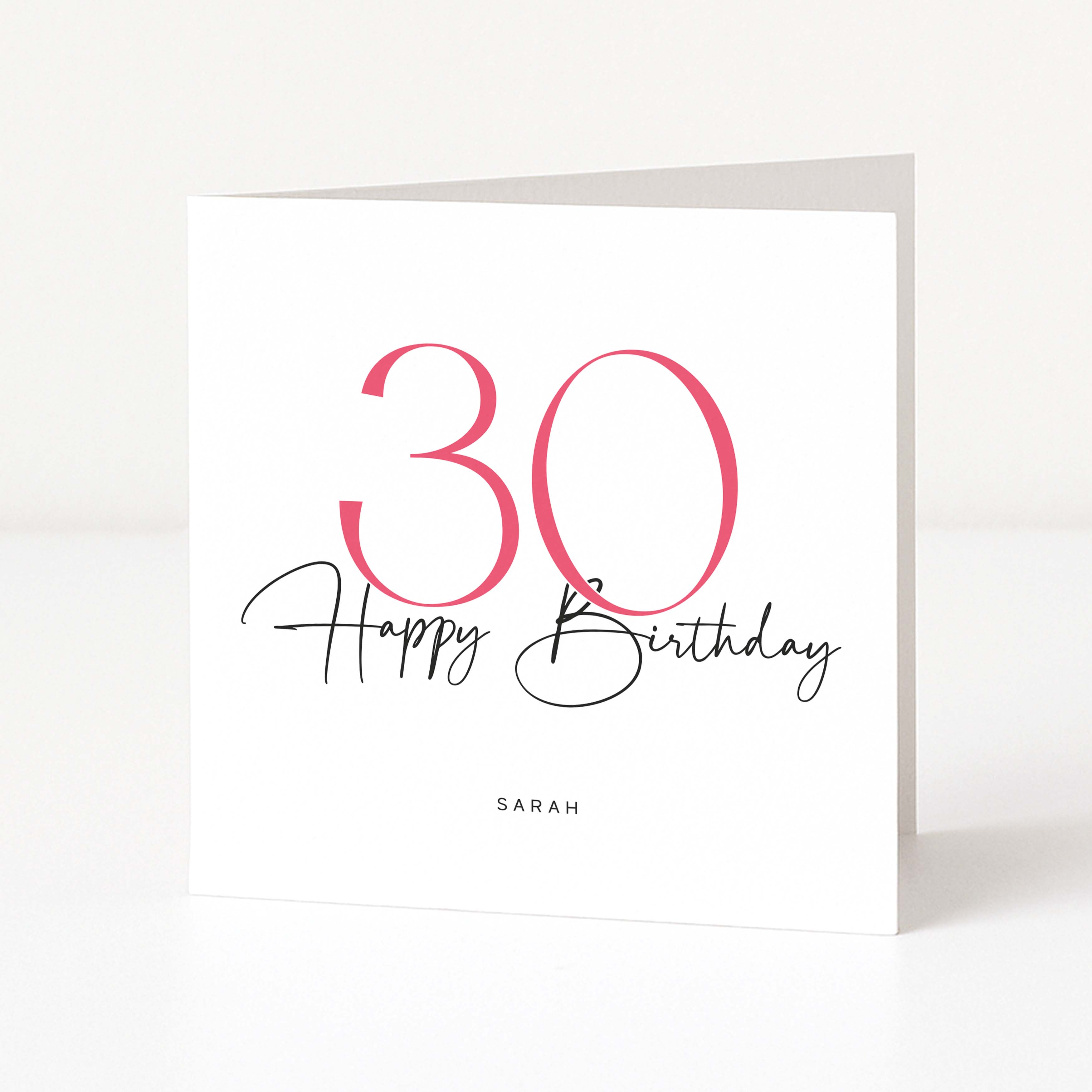 Birthday card with '30 Happy Birthday' and 'SARAH' on a white background