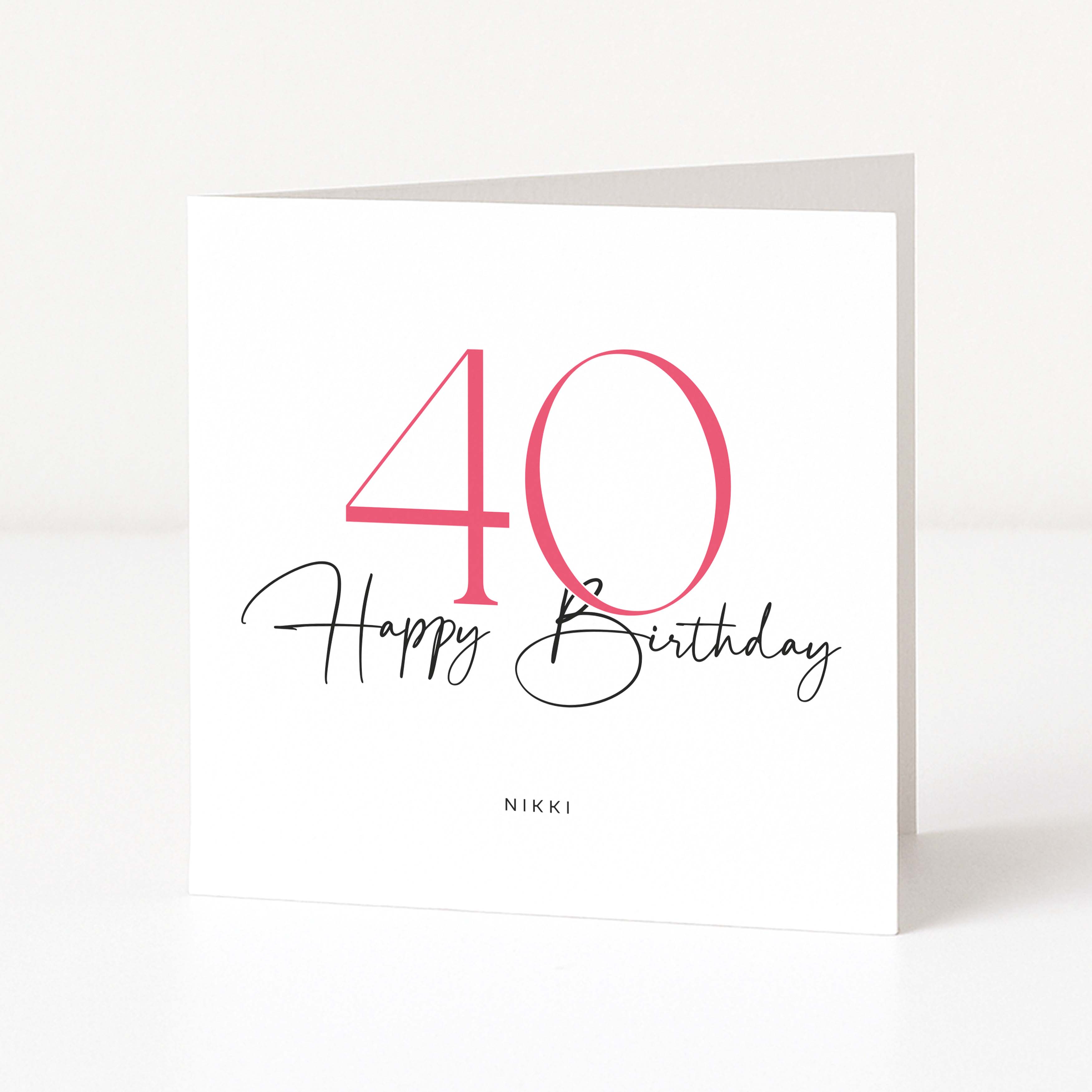 40th birthday card with pink number '40' and 'Happy Birthday' text on a white background