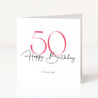 Greeting card with '50 Happy Birthday Catherine' on a white background