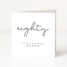 Greeting card with 'eighty' and 'Happy Birthday Betty' text on a white background