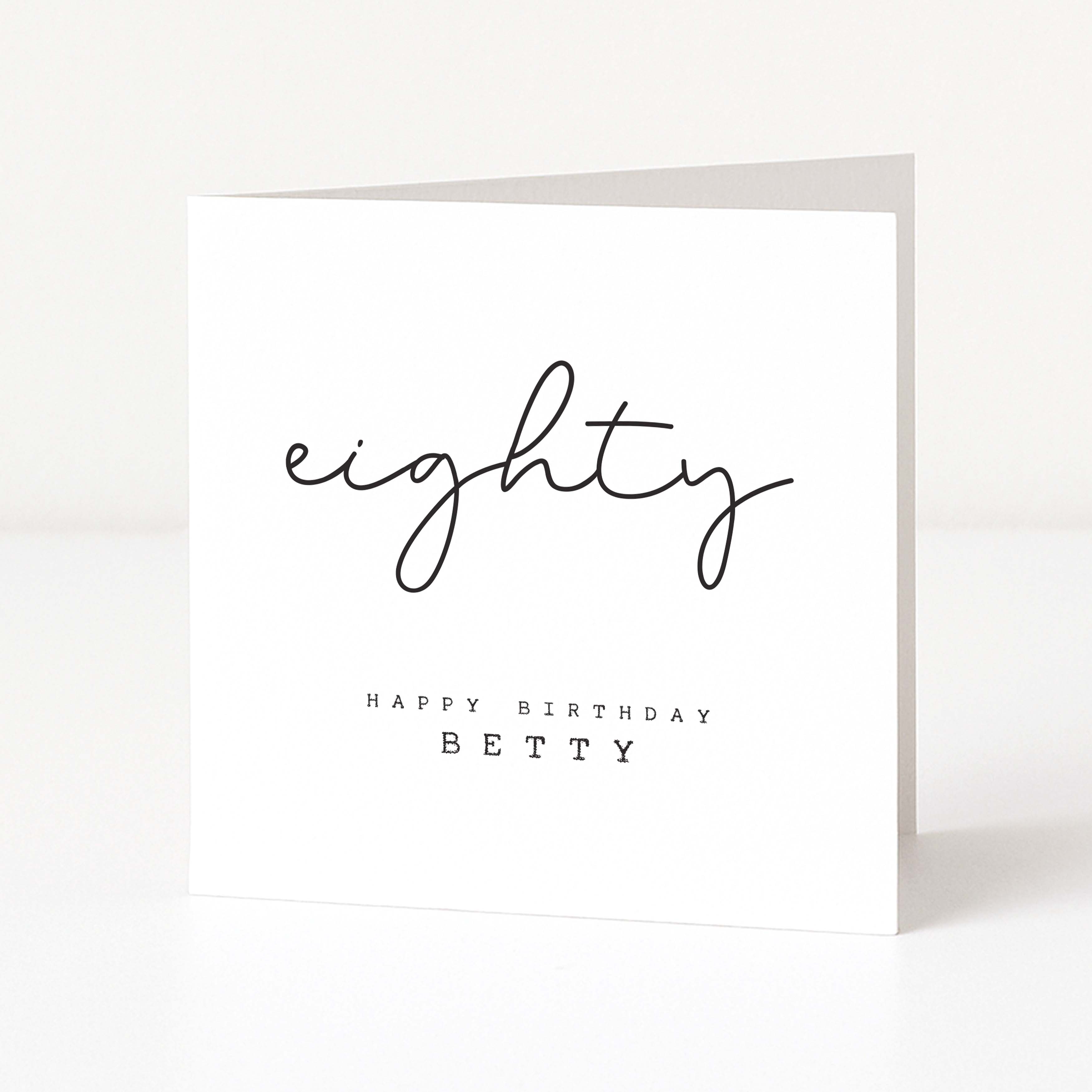Greeting card with 'eighty' and 'Happy Birthday Betty' text on a white background