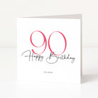 90th birthday card with pink numbers and 'Happy Birthday' text on a white background